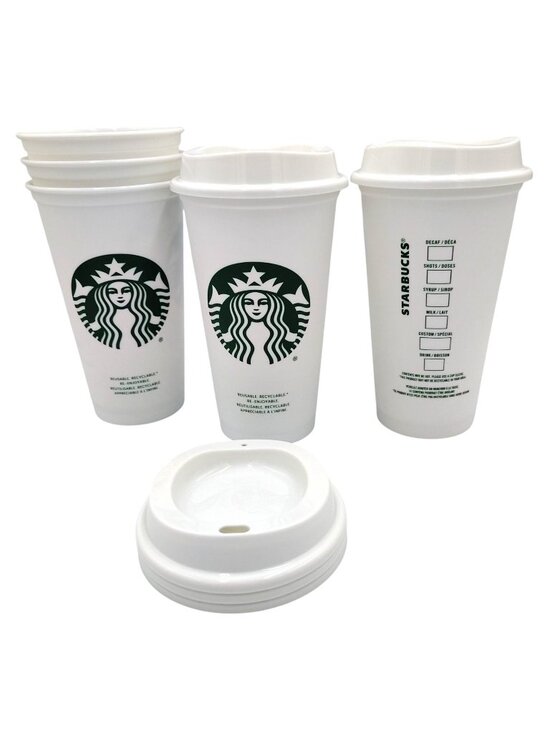 Starbucks Other - Starbucks Grande Cups Reusable Coffee 16 Oz. Match Lids Set of 5 White Plastic